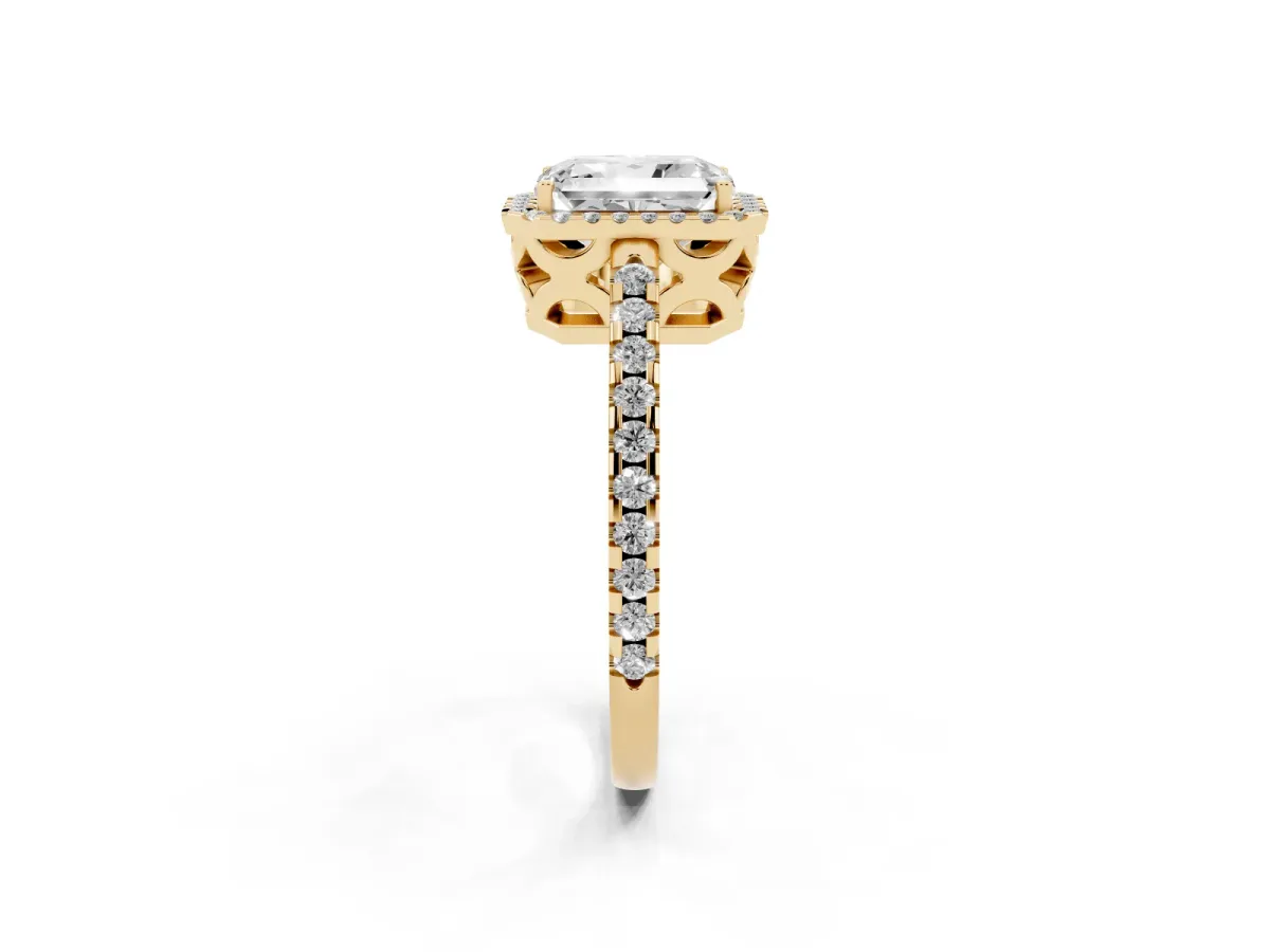 Radiant Cut Diamond Halo Engagement Ring with Pavé Band and Prong Setting Yellow gold