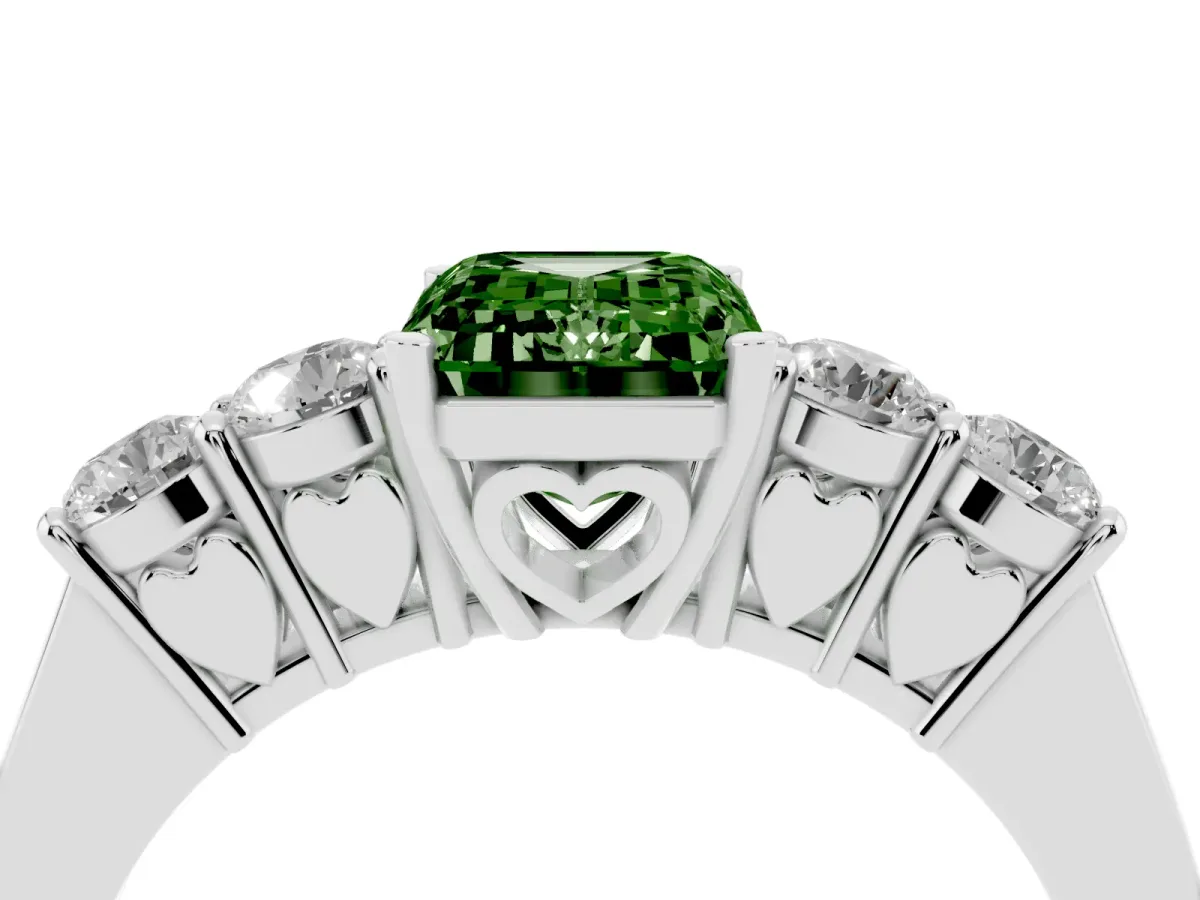 Fancy Green Emerald Cut Cut Diamond Five-Stone Prong Set White Gold Ring Silver