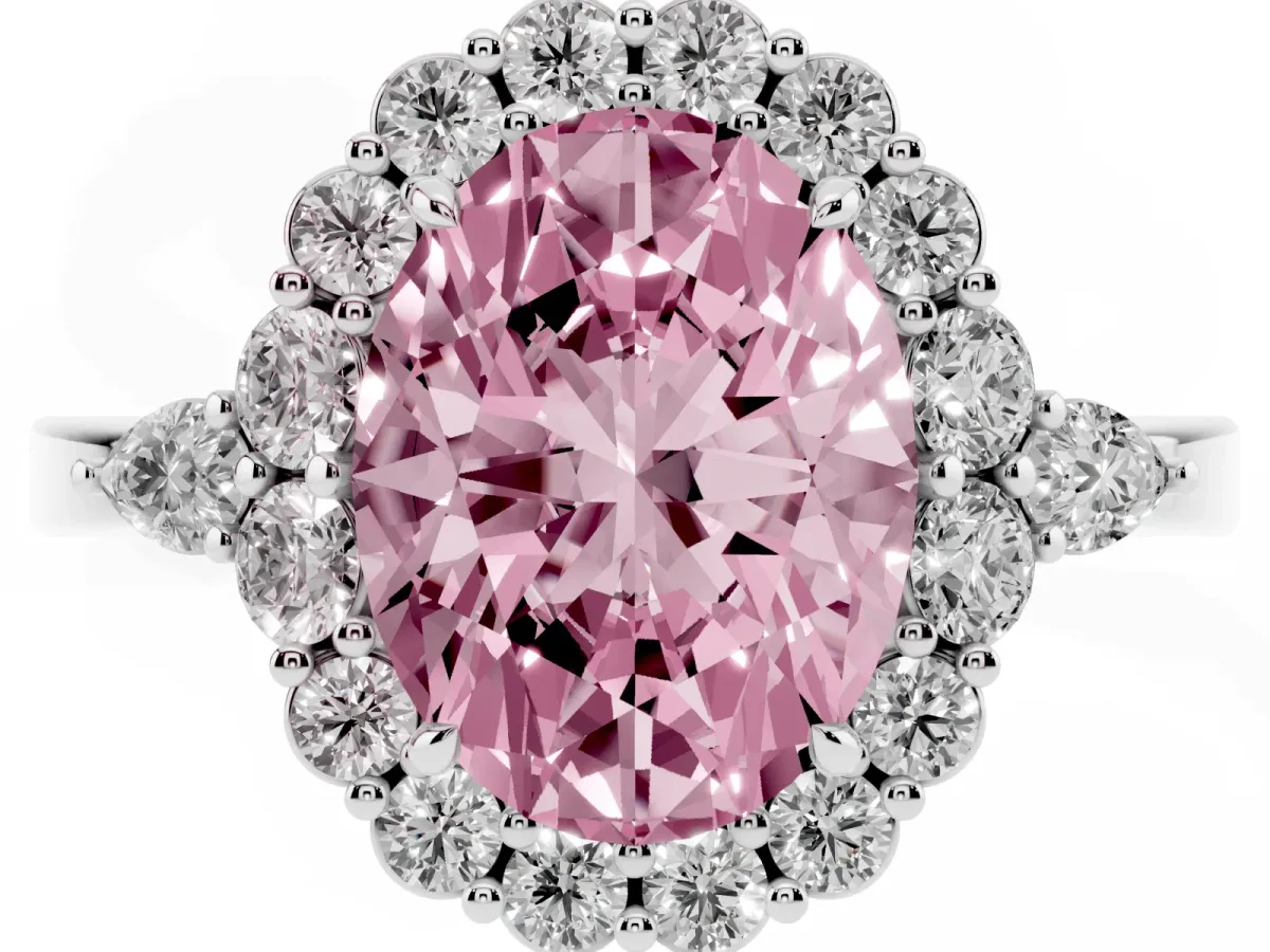 Fancy Pink Oval Cut Diamond Halo Ring with Pear Side Stones and Prong Setting Silver