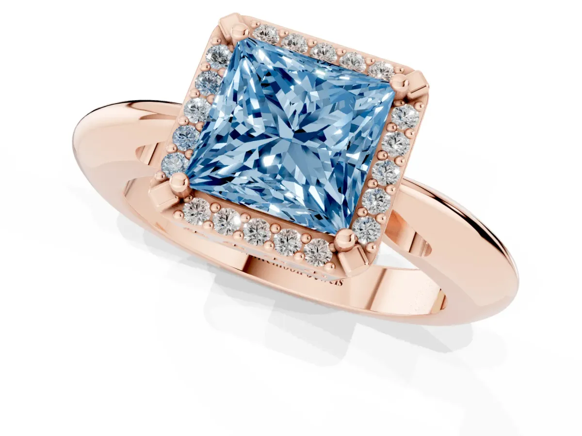 Fancy Blue Princess Cut Cut Diamond Halo Engagement Ring with Split Shank and Four-Prong Setting Rose gold
