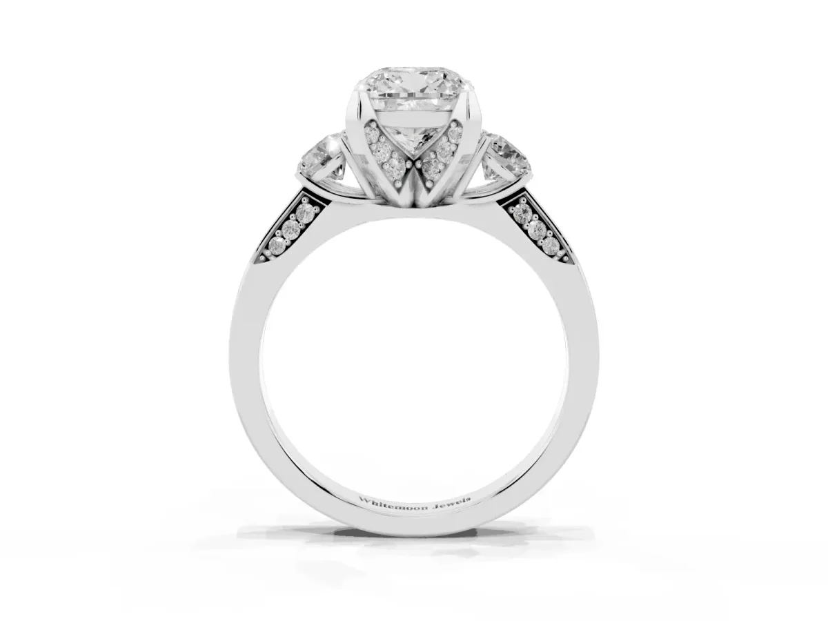 Cushion Cut Brilliant Three-Stone Diamond Ring with Pavé Band and Four-Prong Setting Silver