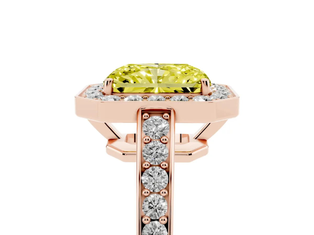 Fancy Yellow Radiant Cut Halo Pavé Diamond Engagement Ring with Bezel Setting Rose gold
