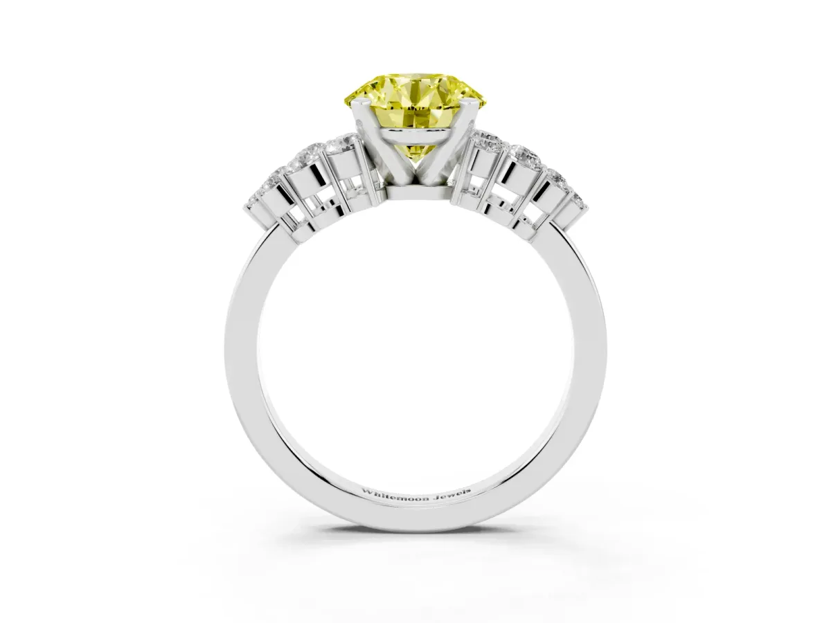 Fancy Yellow Round Cut Cluster Diamond Engagement Ring with Pavé Band and Four-Prong Setting White gold