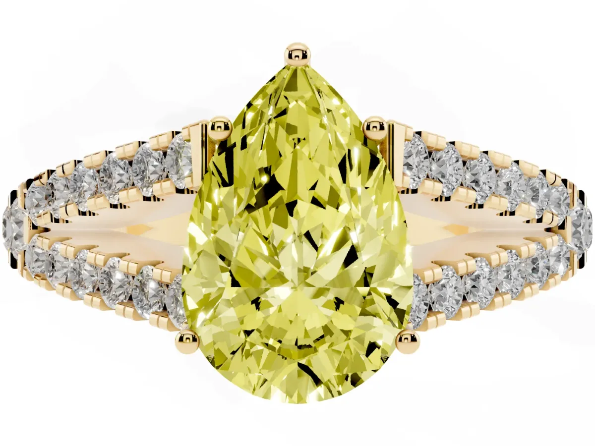 Fancy Yellow Pear Cut Diamond Split Shank Pavé Engagement Ring with Four-Prong Setting Yellow gold