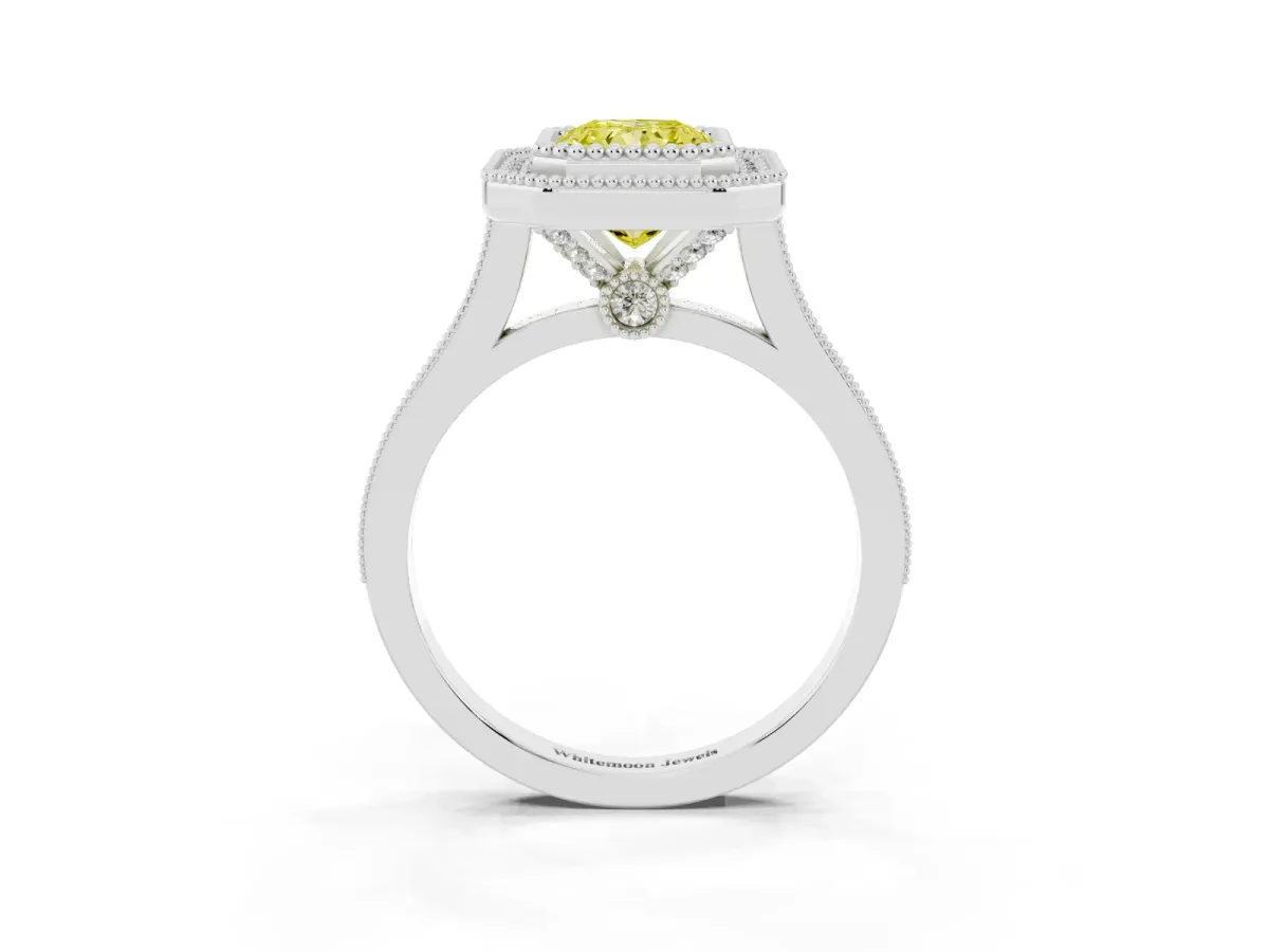 Fancy Yellow Radiant Cut Diamond Halo Ring with Milgrain Frame and Pavé Band White gold