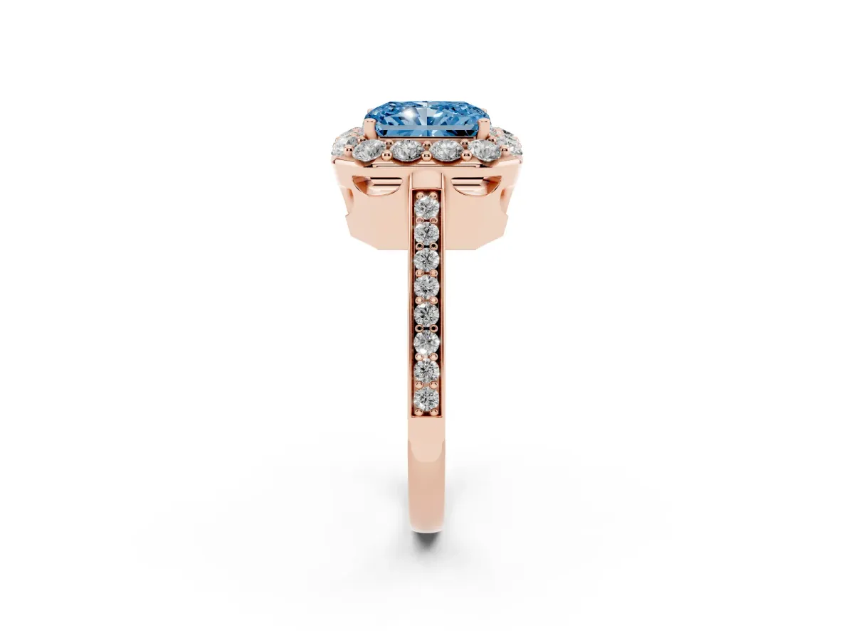 Fancy Blue Radiant Cut Diamond Floral Halo Ring with Pavé Band and Prong Setting Rose gold