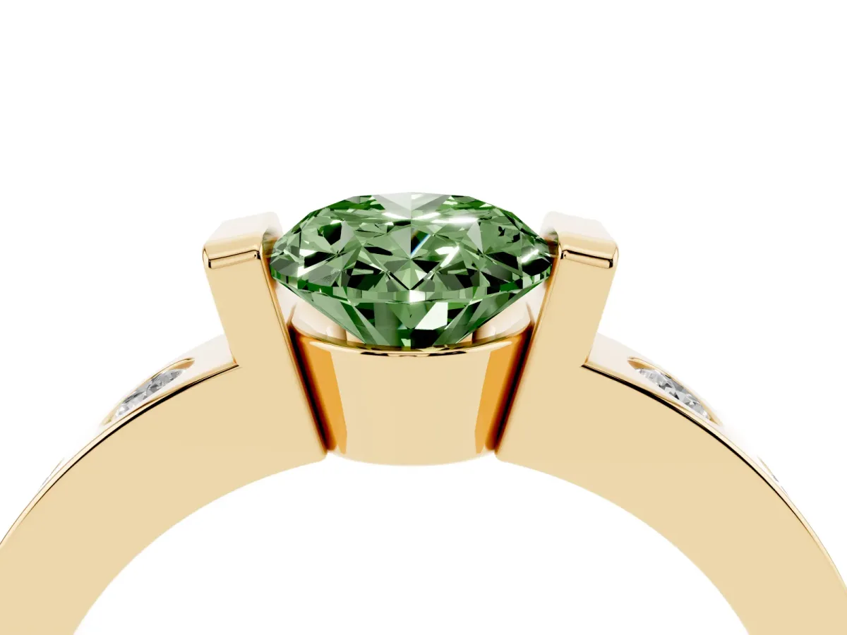 Fancy Green Oval Cut Brilliant Channel-Set Diamond Ring with Bezel Prong Setting Yellow gold