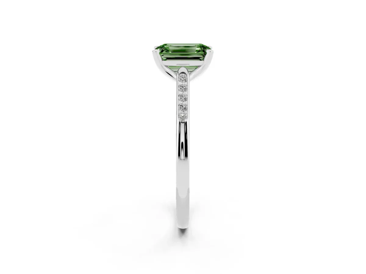 Fancy Green Emerald Cut Diamond Solitaire Ring with Channel Set Round Band and Prong Setting Silver
