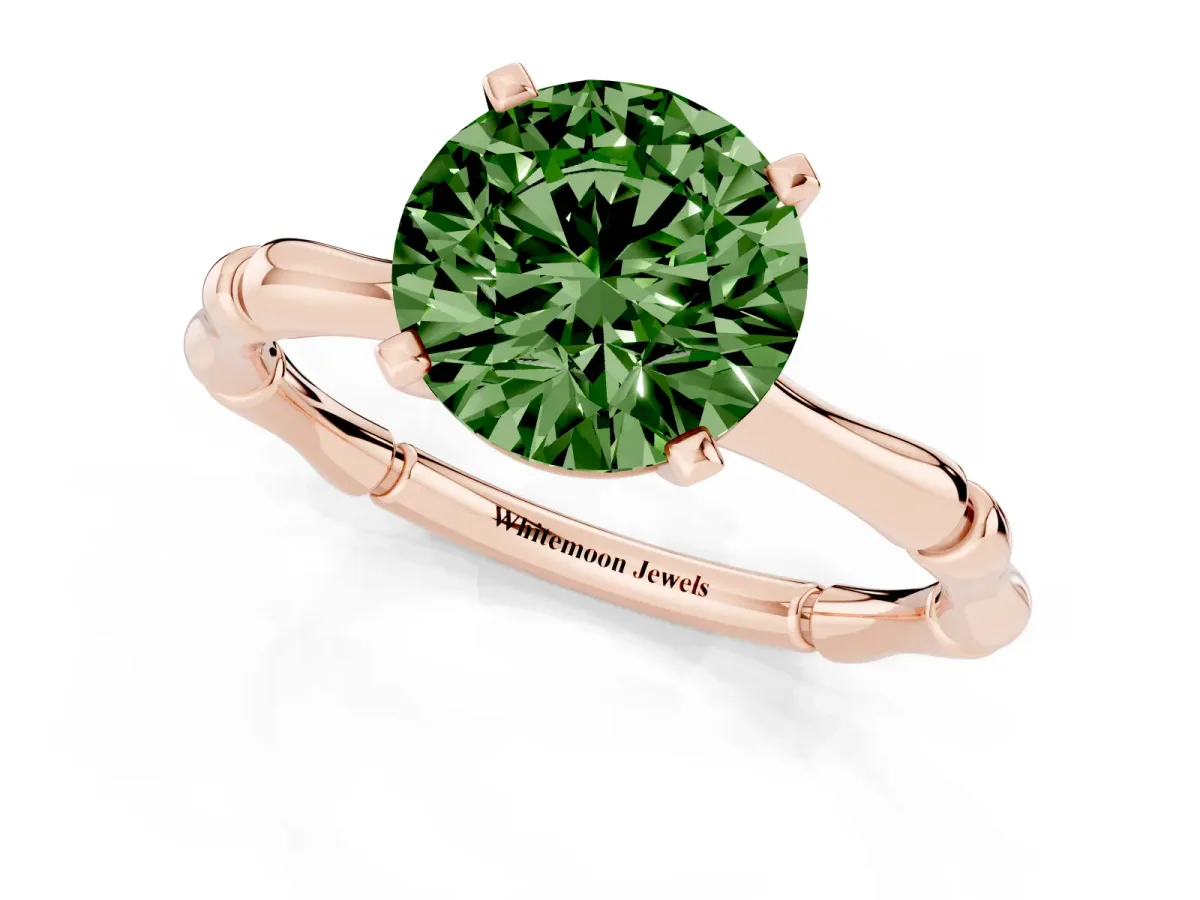 Fancy Green Round Cut Solitaire Diamond Ring with Bamboo Band and Four-Prong Setting Rose gold
