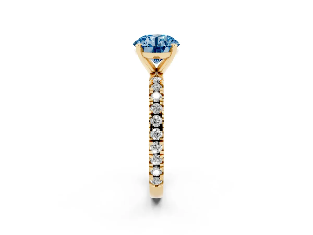 Fancy Blue Round Cut Diamond Pavé Band Solitaire with Four-Prong Setting Yellow gold