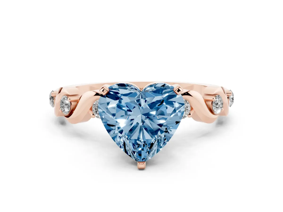 Fancy Blue Heart Cut Diamond Solitaire Twisted Band with Round Accents and Prong Setting Rose gold