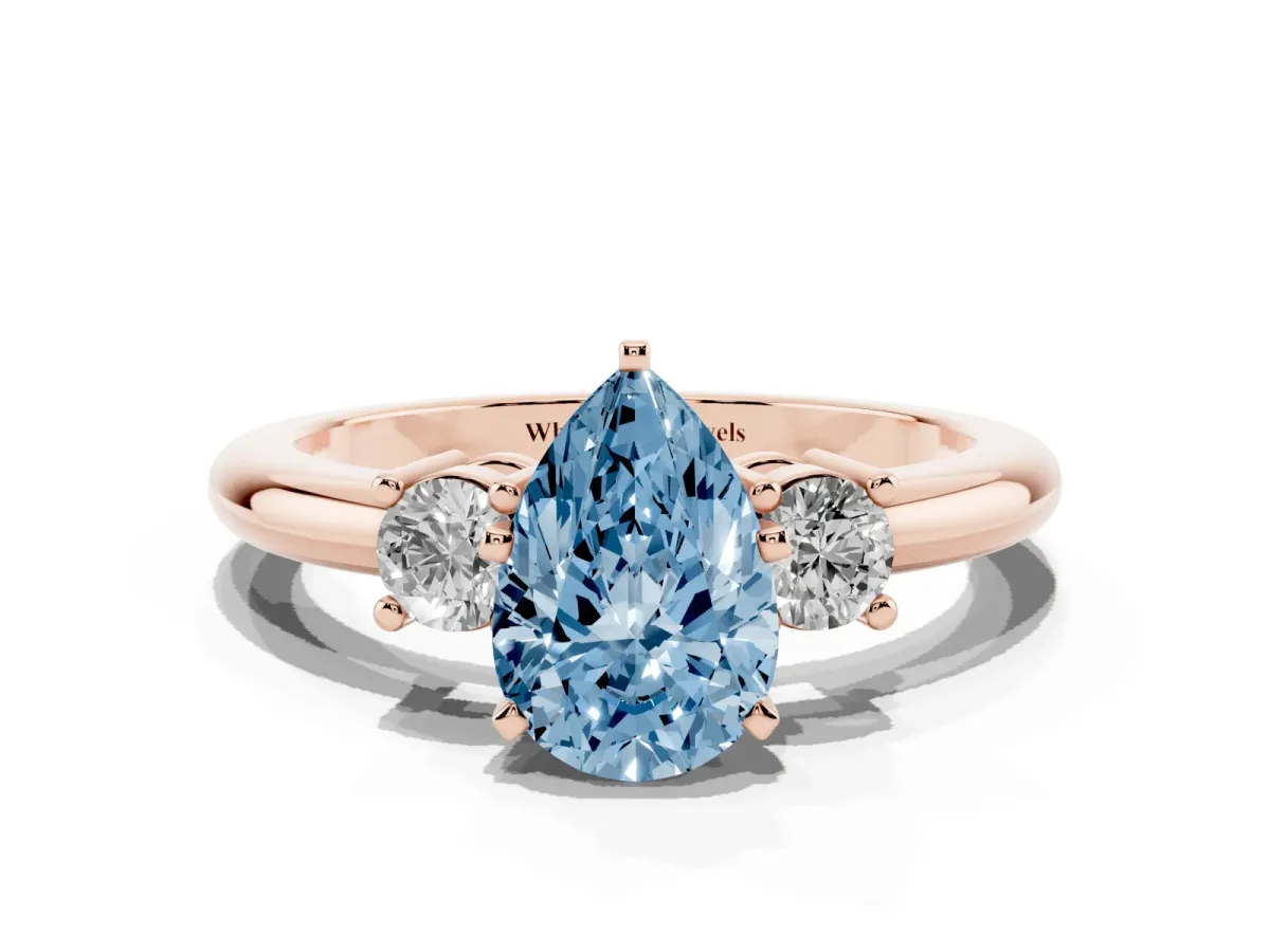 Fancy Blue Three-Stone Pear Cut Cut Diamond Solitaire with Prong Setting and Classic Band Rose gold