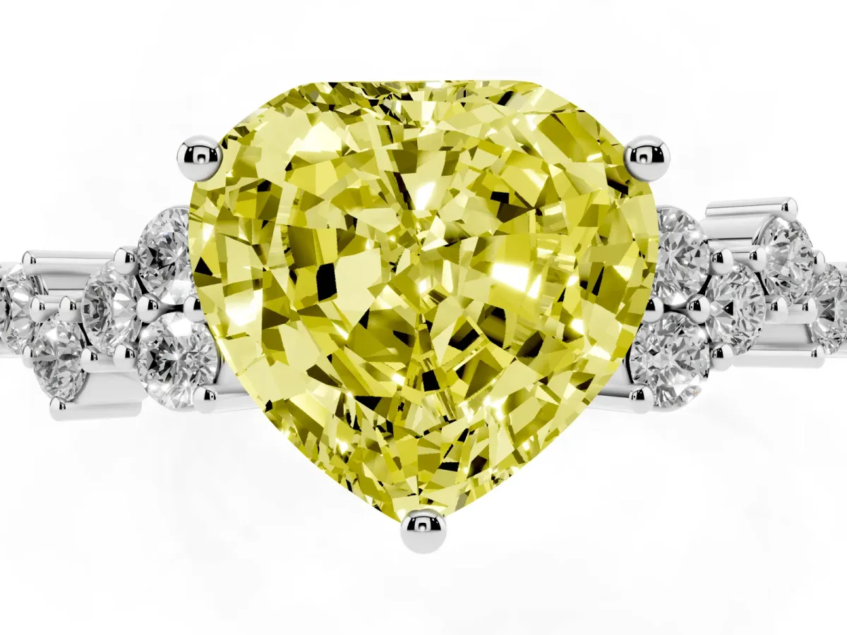 Fancy Yellow Heart Cut Diamond Scattered Round Accent Ring with Prong Setting Silver