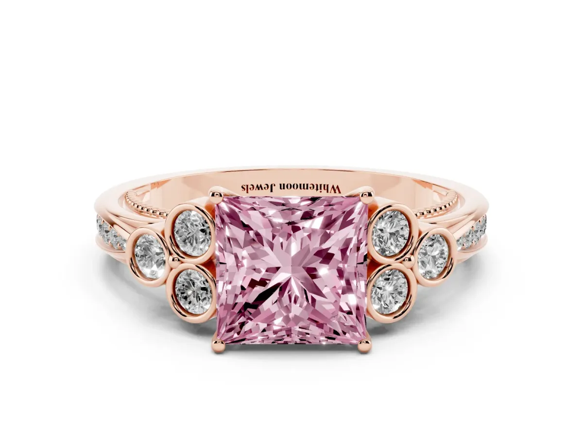 Fancy Pink Princess Cut Cut Diamond Engagement Ring with Bezel Set Round Side Stones and Prong Setting Rose gold