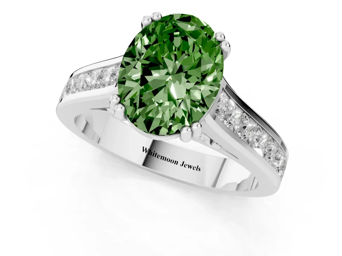 Fancy Green Oval Cut Cut Channel Set Solitaire Engagement Ring with Prong Setting Silver