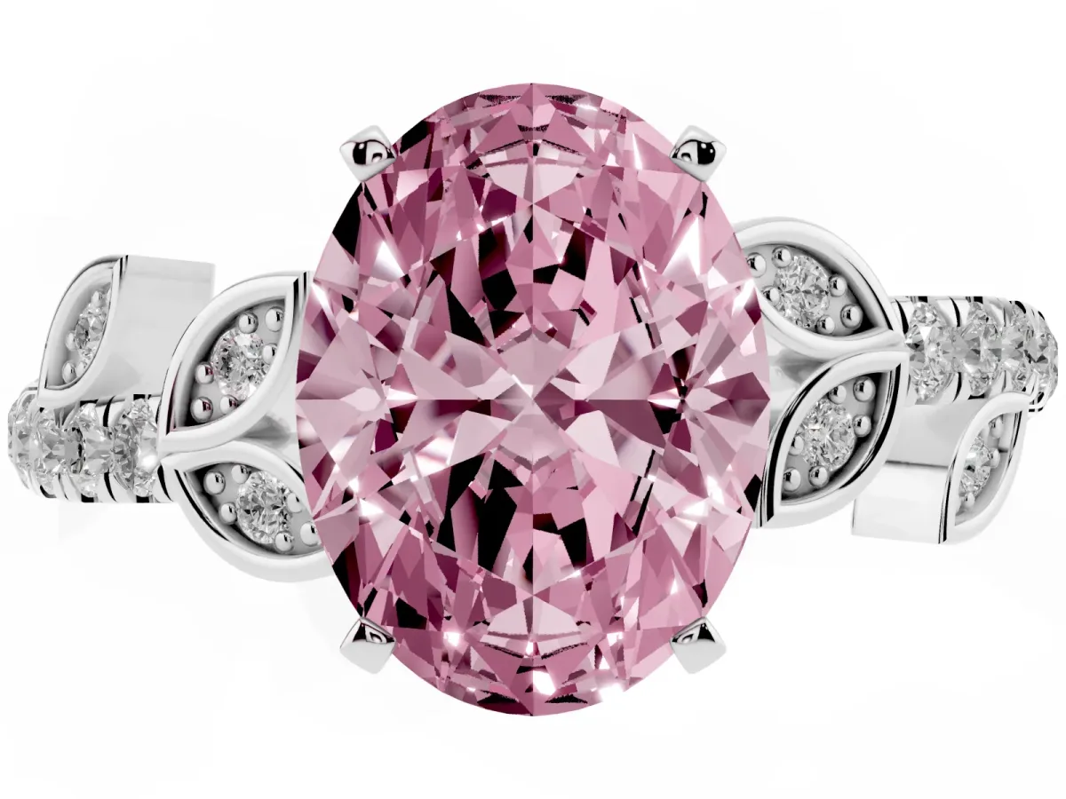 Fancy Pink Oval Cut Solitaire Leaf-Inspired Diamond Ring with Pavé Band and Four-Prong Setting Silver