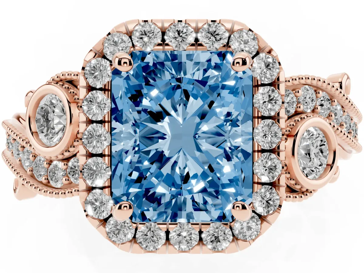 Fancy Blue Radiant Cut Halo Diamond Ring with Milgrain and Bezel Accents on a Split Shank Band Rose gold