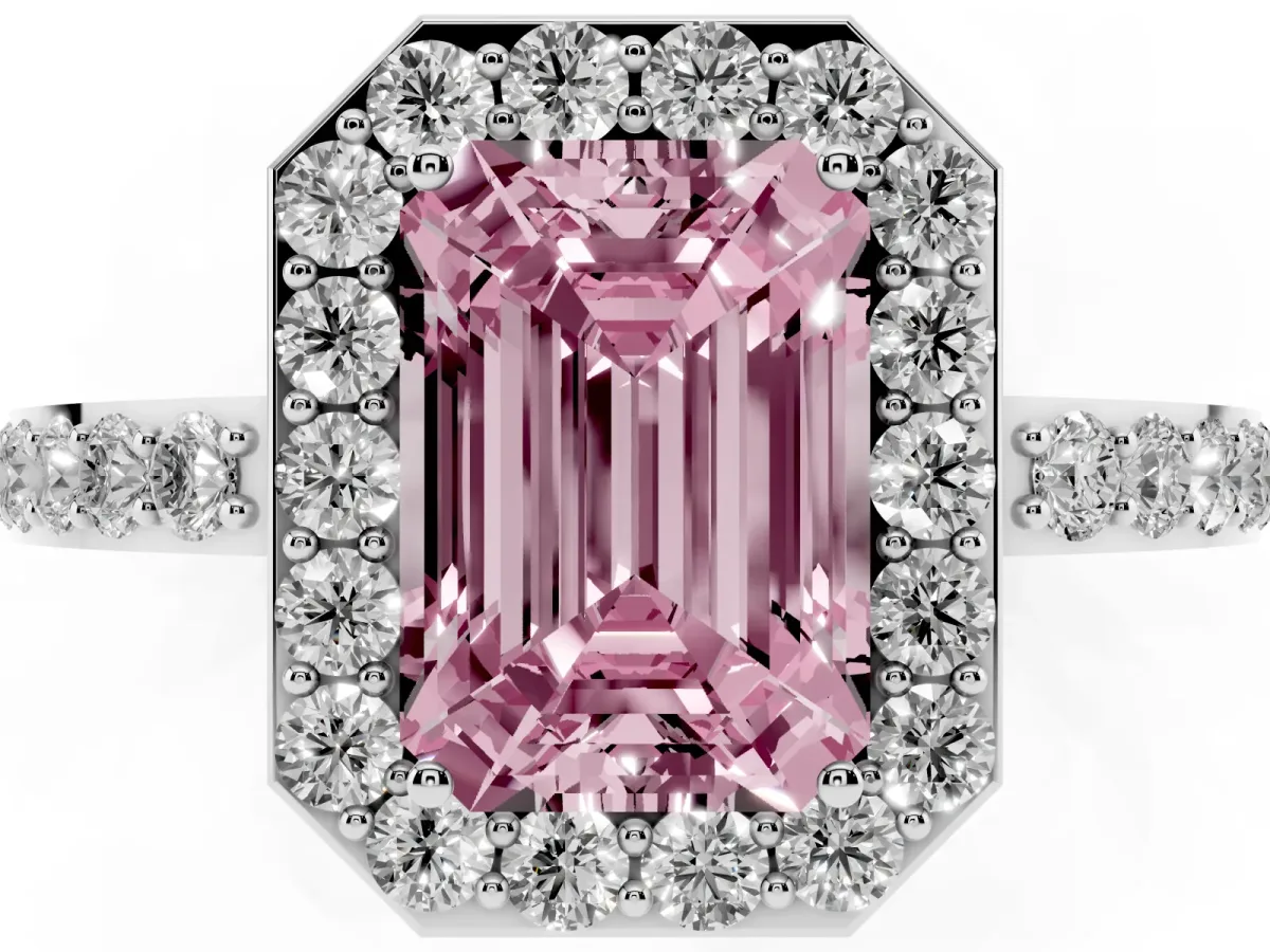 Fancy Pink Emerald Cut Halo Diamond Pavé Band Ring with Prong Setting Platinum