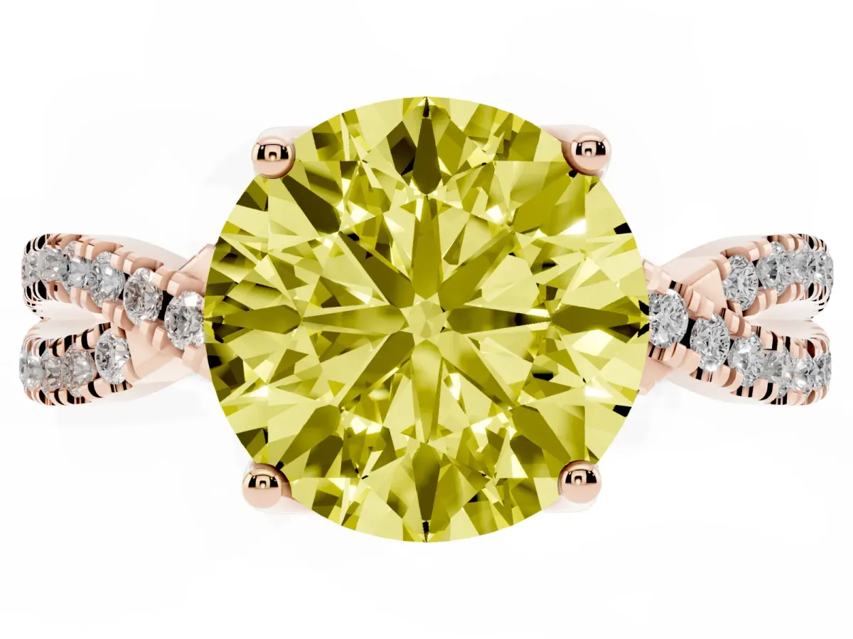 Fancy Yellow Round Cut Solitaire Twist Pave Diamond Engagement Ring with Prong Setting Rose gold