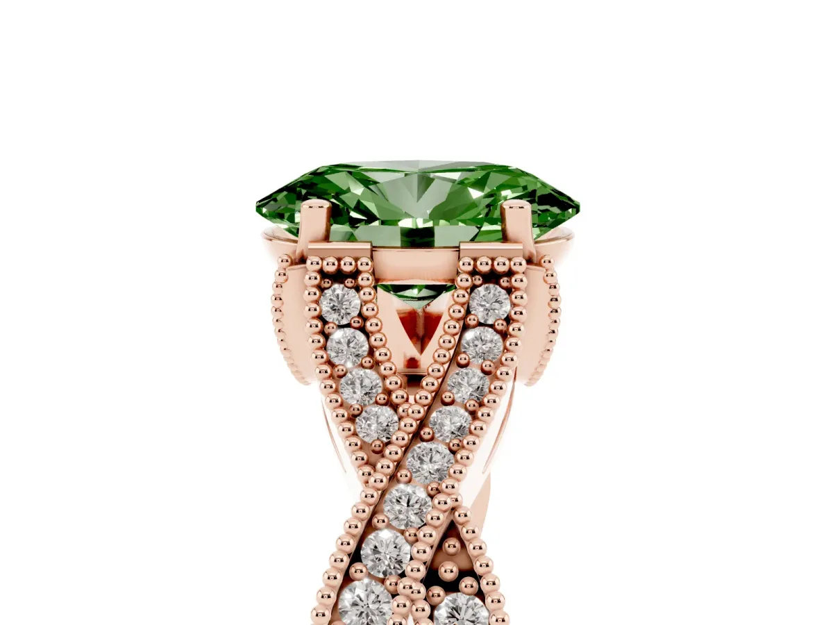 Fancy Green Oval Cut Cut Diamond Twisted Band with Milgrain Pave Setting and Four-Prong Setting Rose gold