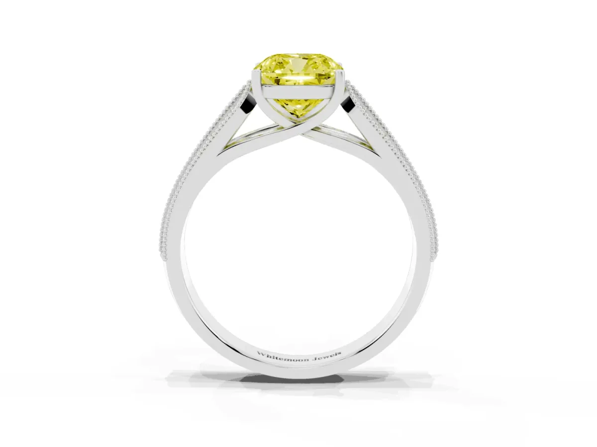 Fancy Yellow Cushion Cut Cut Pave Split Shank Engagement Ring with Four-Prong Setting White gold