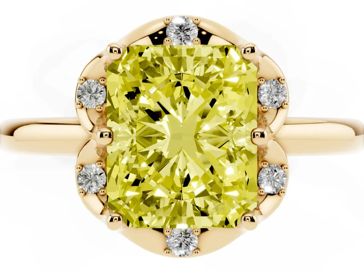 Fancy Yellow Radiant Cut Halo Diamond Ring with Round Cluster Setting, Solitaire Band, and Four-Prong Setting Yellow gold
