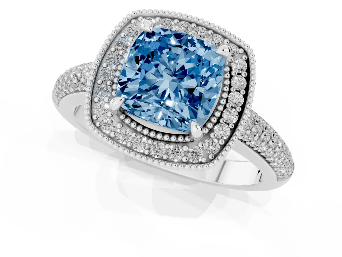 Fancy Blue Cushion Cut Cut Halo Diamond Pave Band with Four-Prong Setting Silver