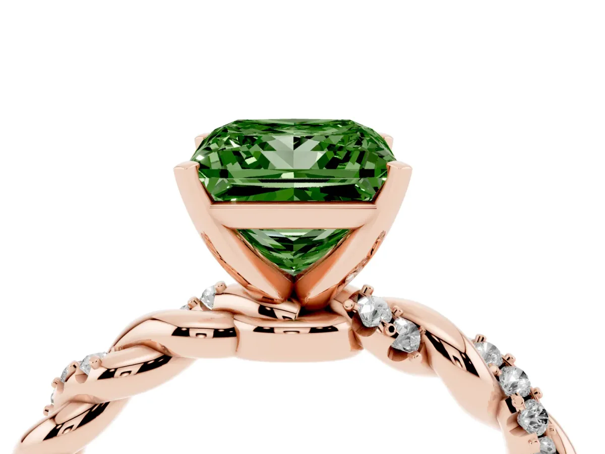Fancy Green Princess Cut Diamond Solitaire Ring with Twisted Band and Pavé Accents Rose gold