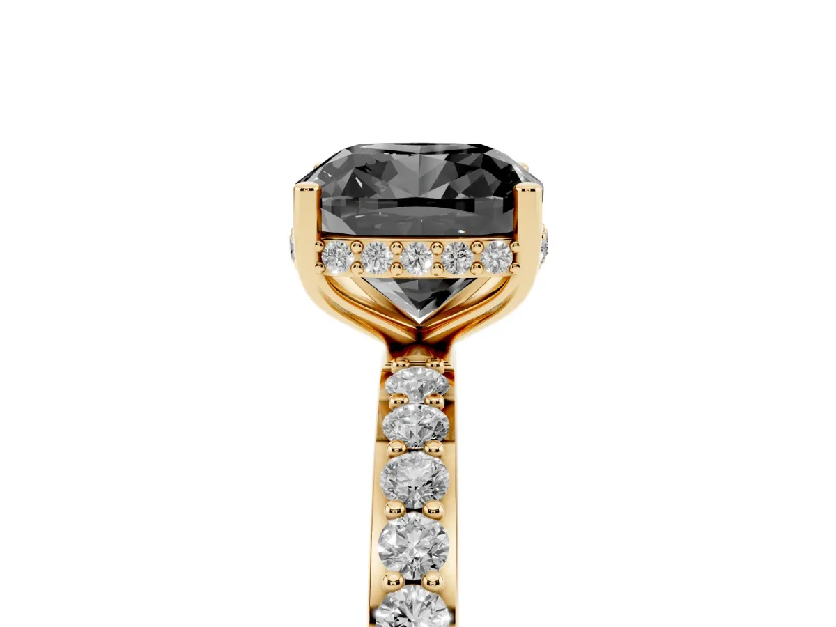 Fancy Black Cushion Cut Diamond Solitaire Ring with Pavé Band and Hidden Halo Yellow gold