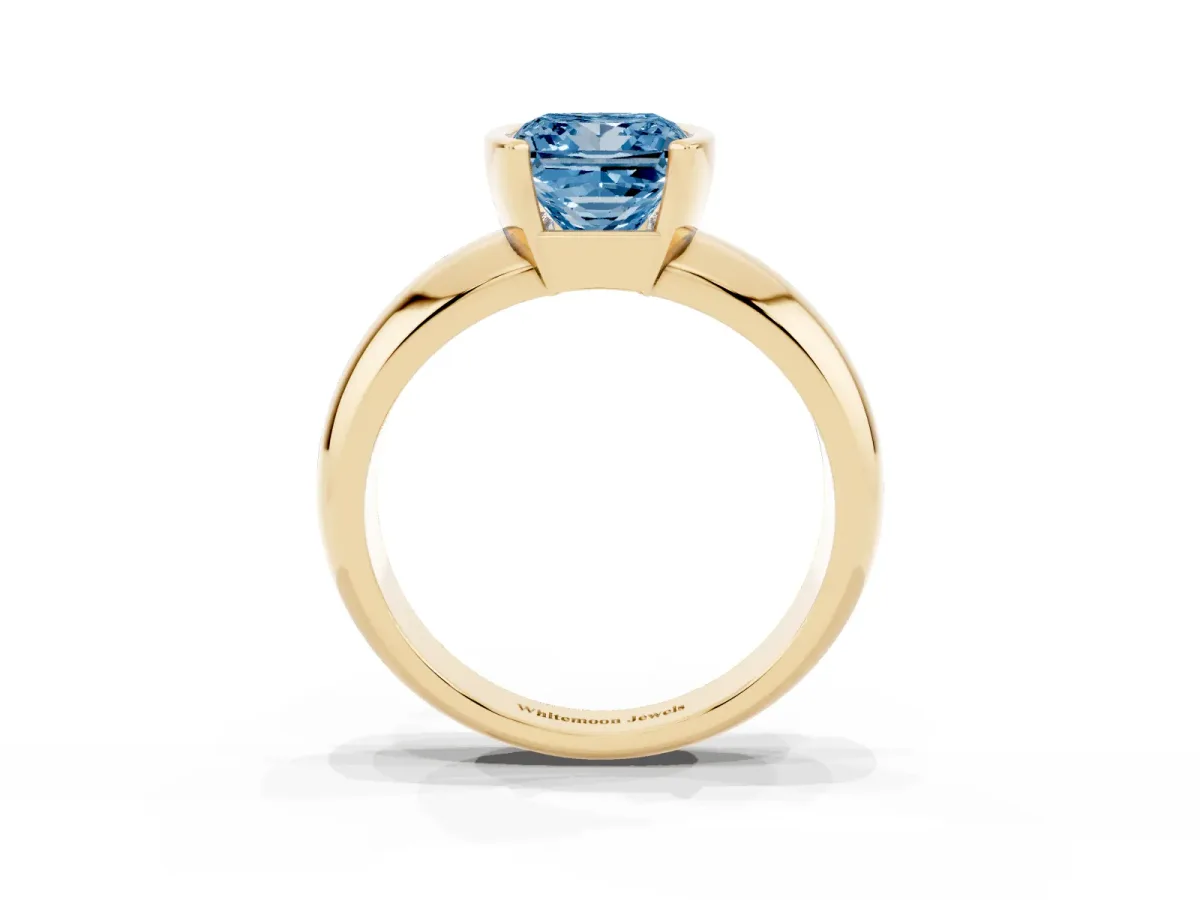 Fancy Blue Princess Cut Solitaire Tension Set Diamond Ring with Wide Band Yellow gold