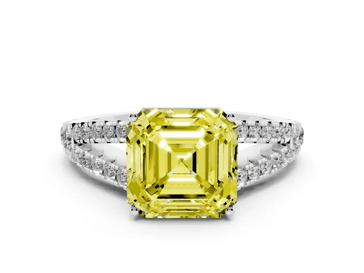 Fancy Yellow Asscher Cut Diamond Split Shank Engagement Ring with Round Pavé and Prong Setting Silver