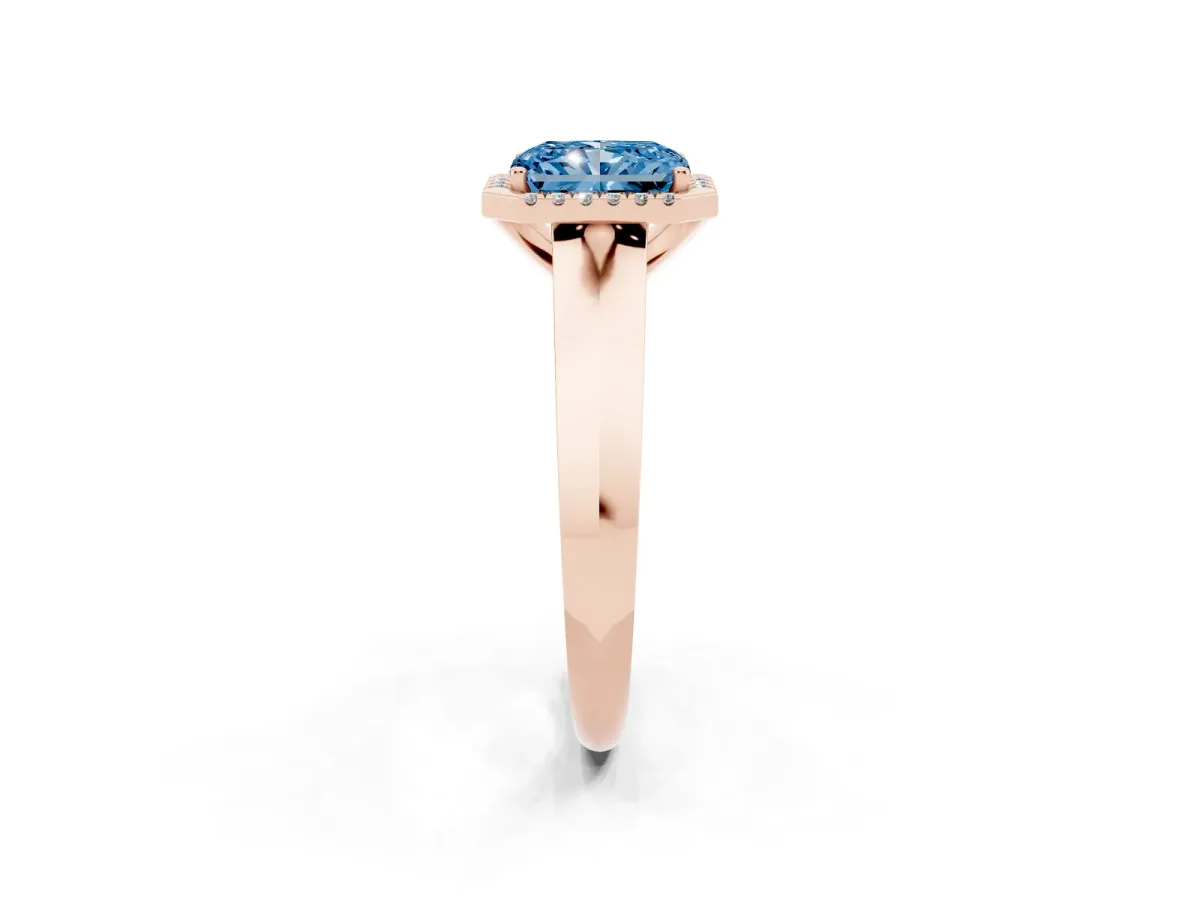 Fancy Blue Radiant Cut Halo Diamond Ring with Cathedral Band and Four-Prong Setting Rose gold