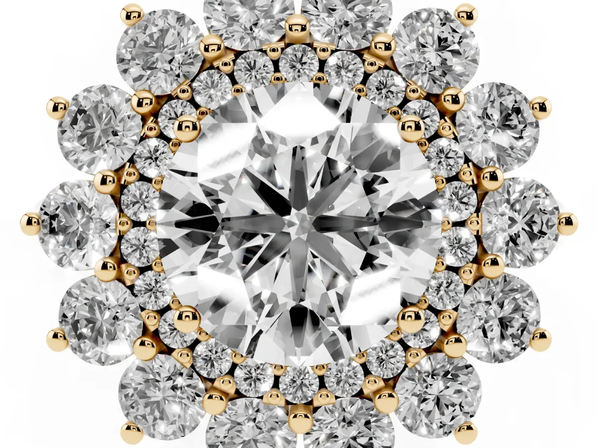 Round Cut Diamond Floral Double Halo Engagement Ring with Prong Setting Yellow gold