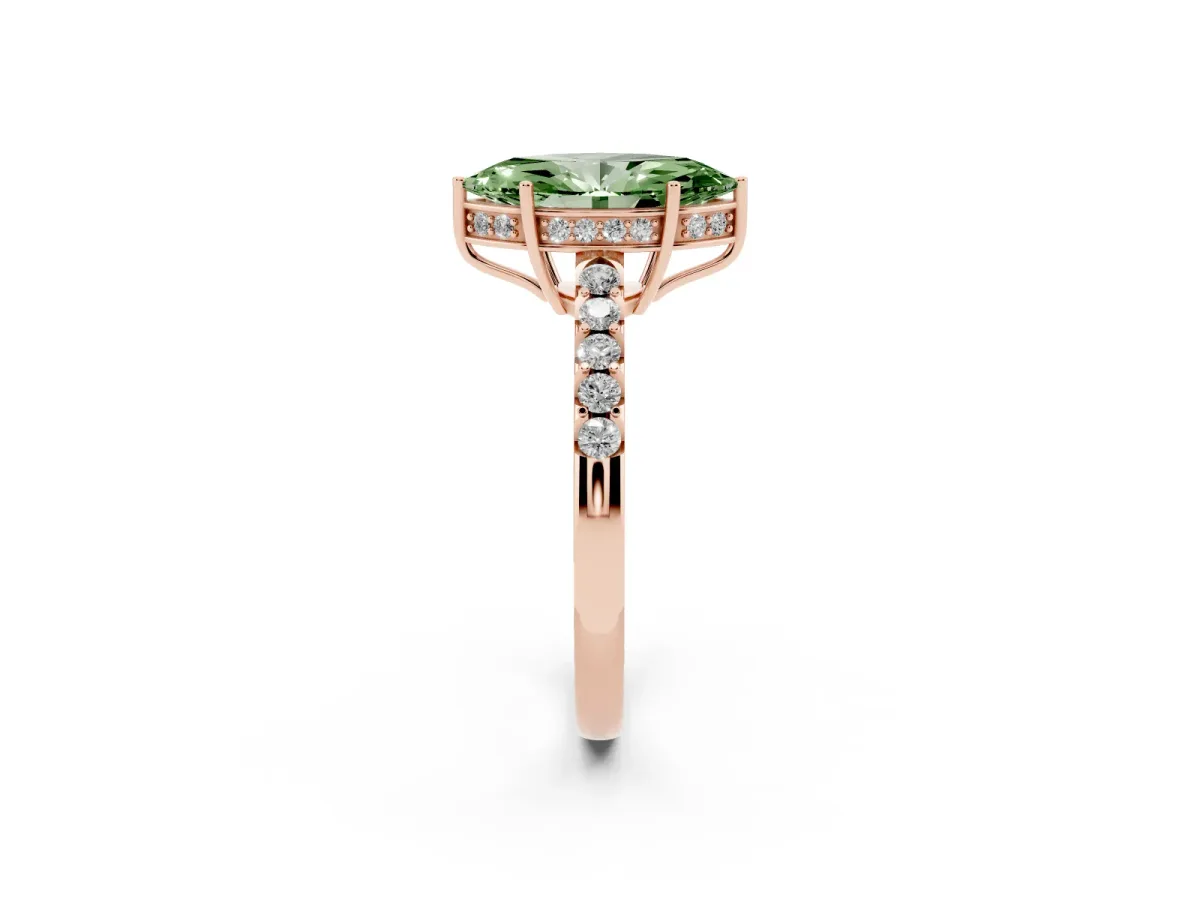 Fancy Green Marquise Cut Solitaire Diamond Engagement Ring with Pavé Band and Six-Prong Setting Rose gold