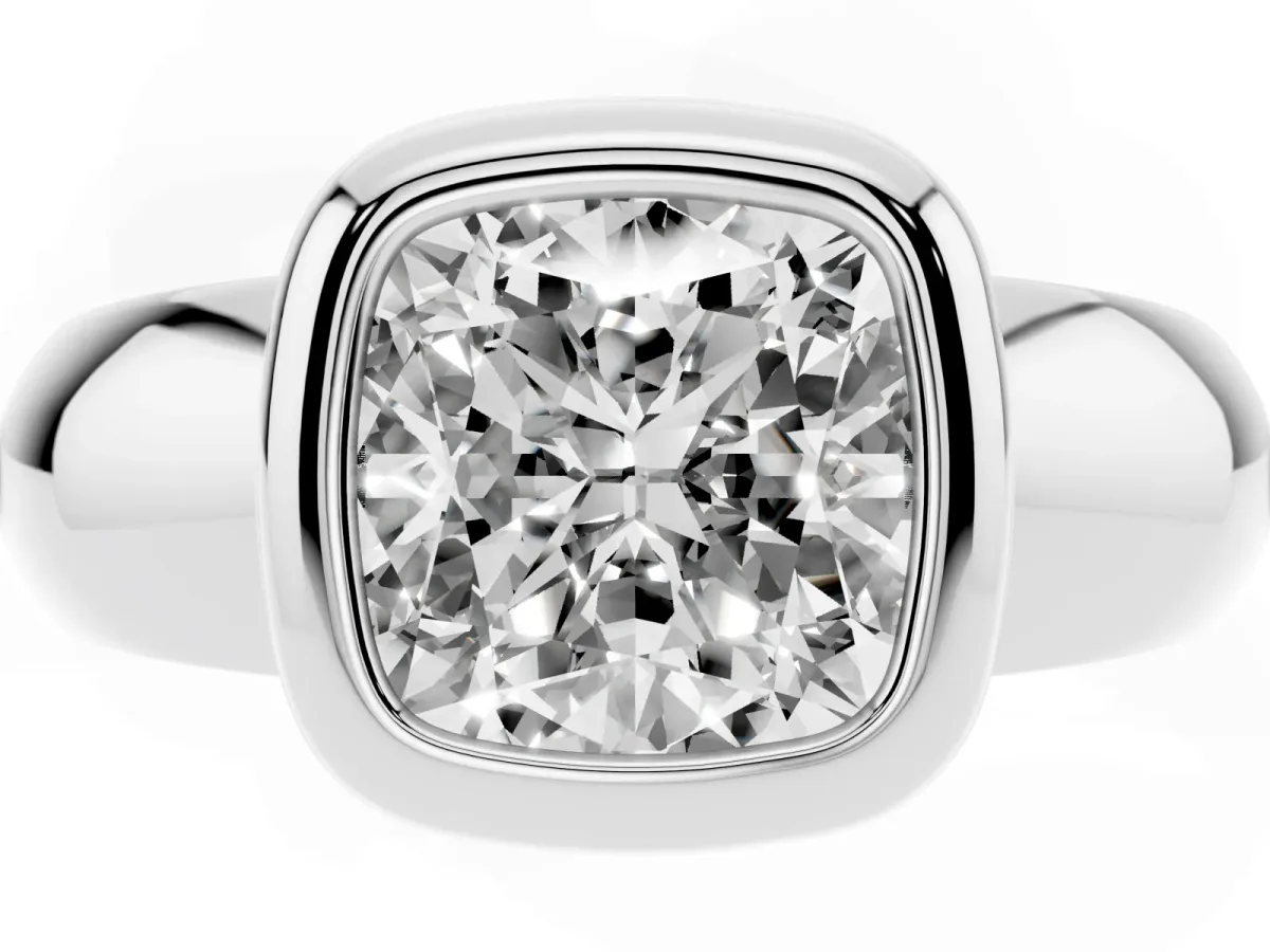 Bezel Set Cushion Cut Solitaire Ring with Wide Band White gold
