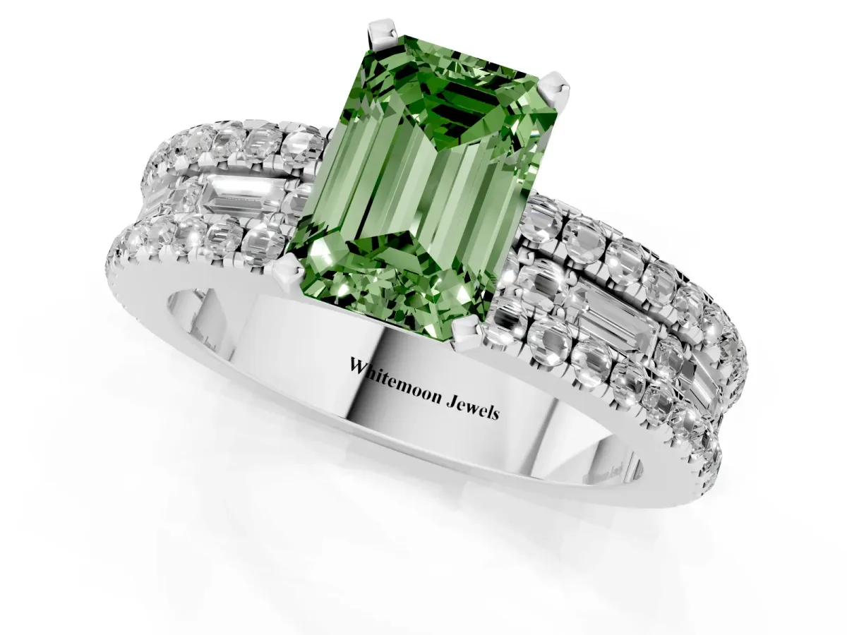 Fancy Green Emerald Cut Diamond Solitaire Ring with Pavé and Channel Set Band Silver