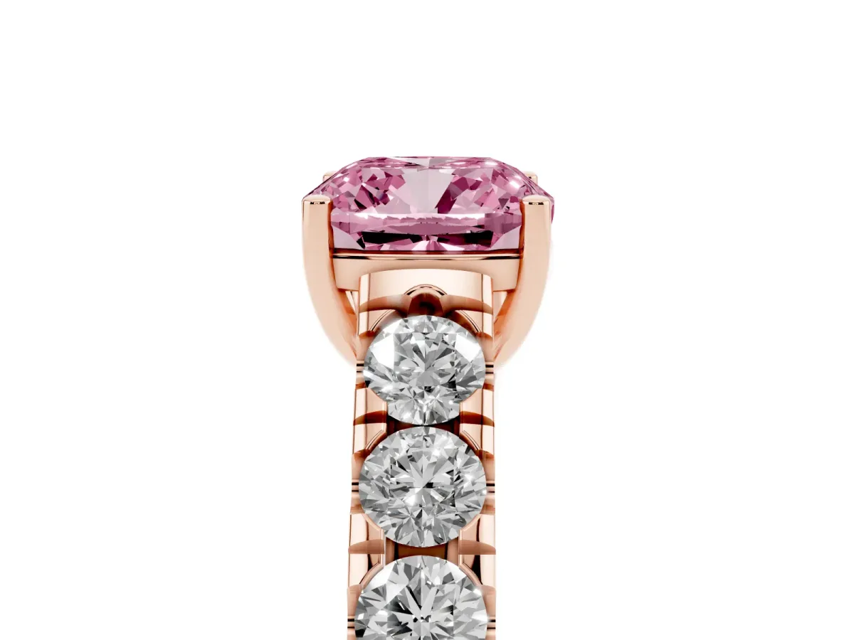 Fancy Pink Cushion Cut Cut Diamond Solitaire Ring with Micro Pave Band and Prong Setting Rose gold