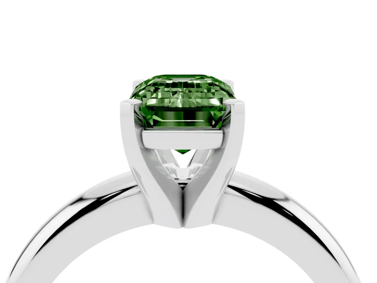 Fancy Green Emerald Cut Diamond Solitaire Engagement Ring with Round Band and Four-Prong Setting Platinum