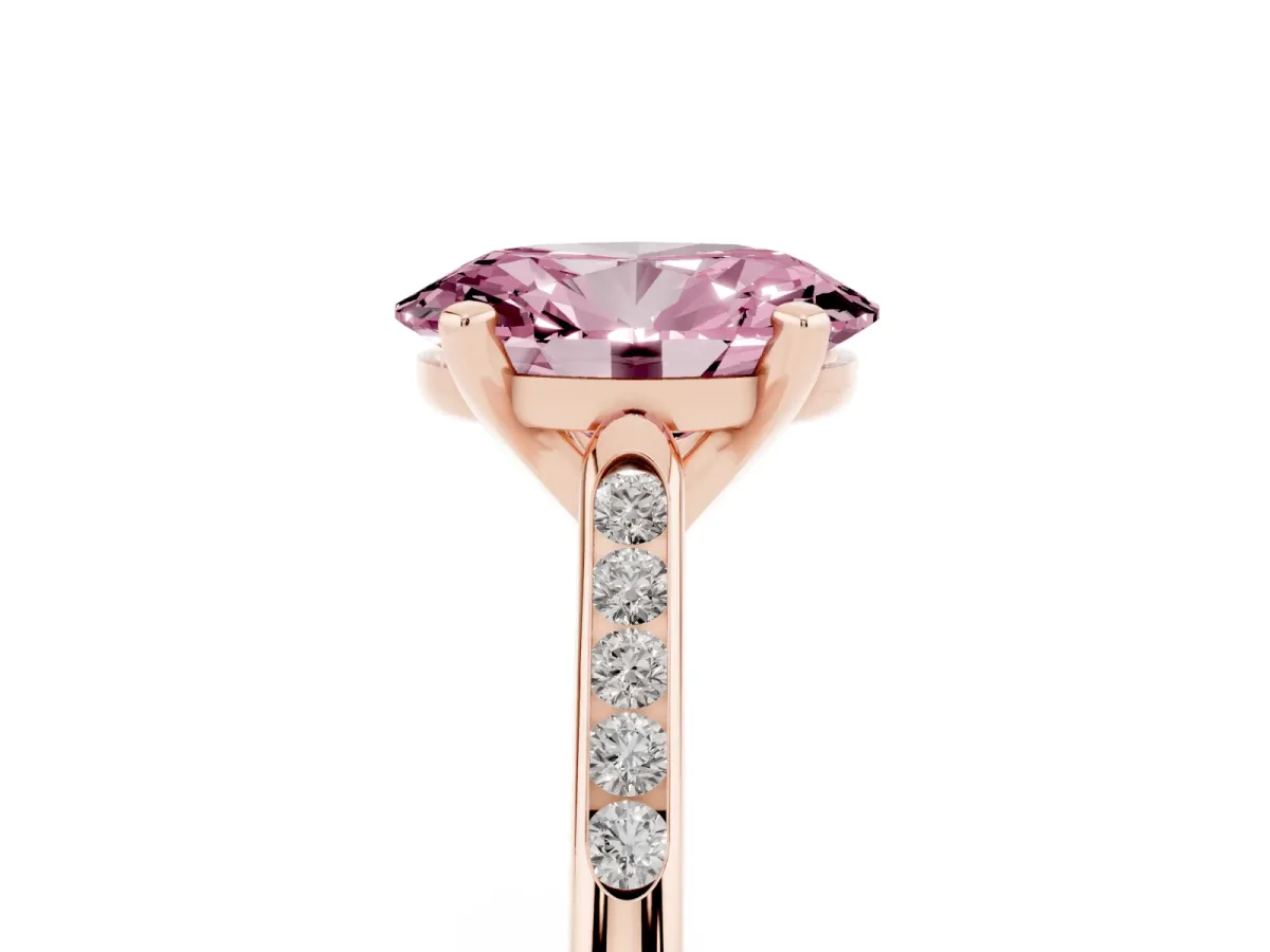 Fancy Pink Oval Cut Diamond Solitaire Ring with Channel Set Round Band and Prong Setting Rose gold