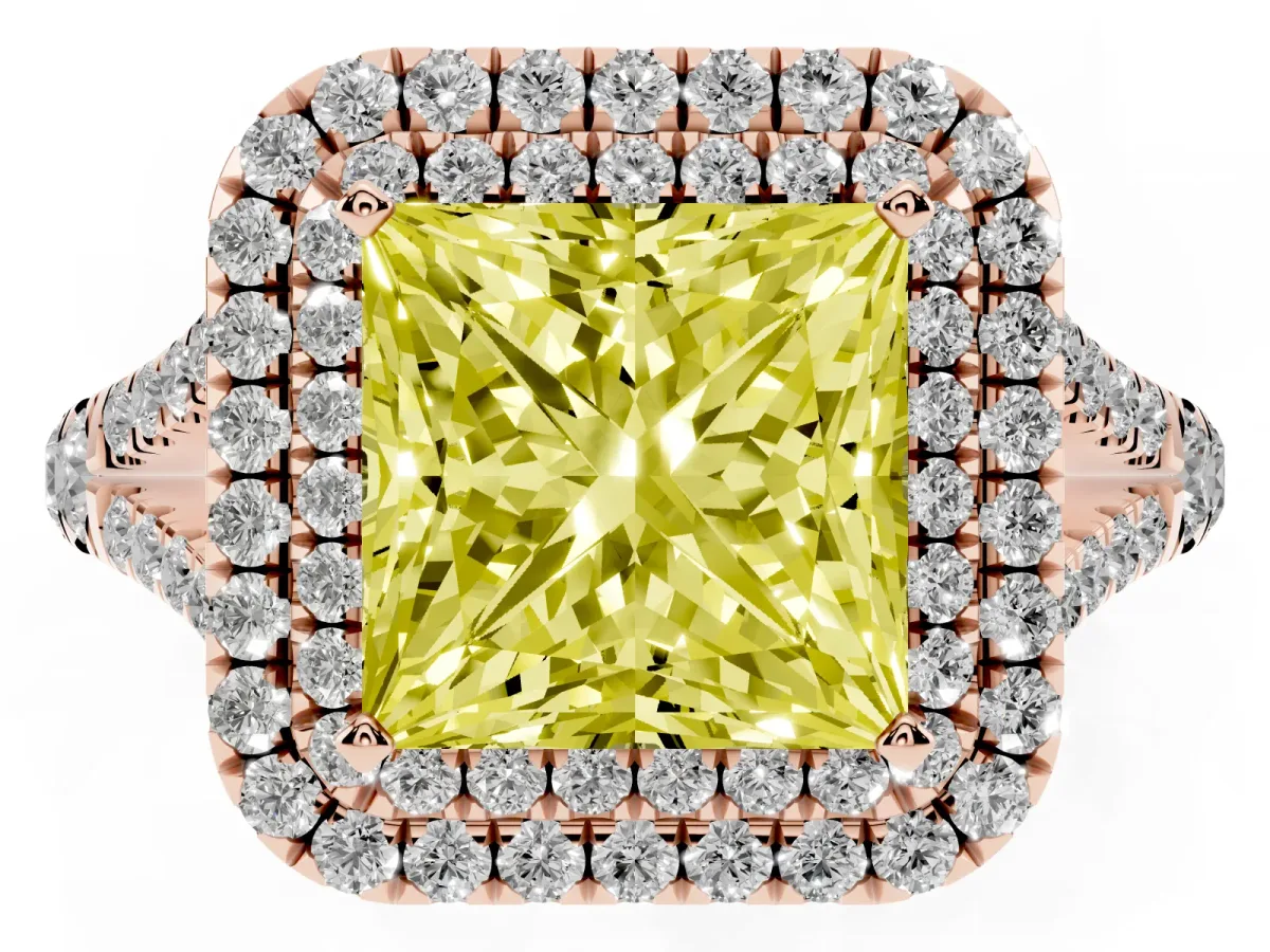 Fancy Yellow Princess Cut Diamond Pavé Split Shank Double Halo Engagement Ring Rose gold