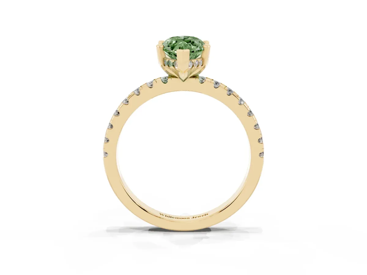 Fancy Green Marquise Cut Diamond Solitaire Ring with Round Pavé Band and Four-Prong Setting Yellow gold