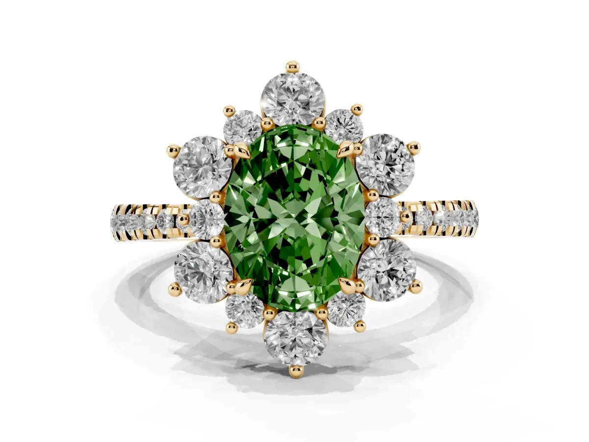 Fancy Green Oval Cut Diamond Floral Halo Ring with Round Pavé Band and Prong Setting Yellow gold
