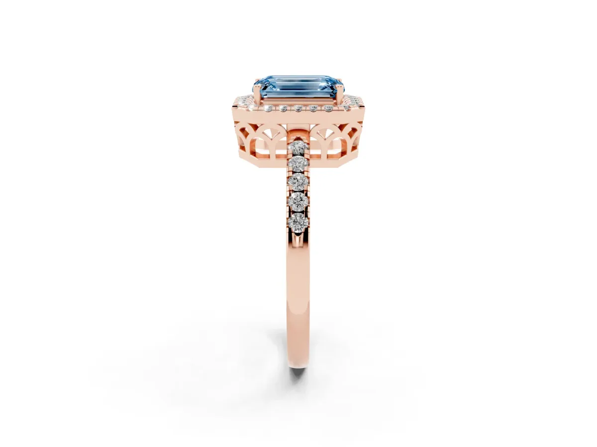 Fancy Blue Emerald Cut Halo Diamond Engagement Ring with Pavé Band and Four-Prong Setting Rose gold