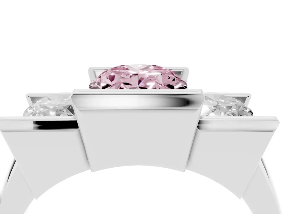 Fancy Pink Three Stone Oval Cut Cut Channel Set Diamond Ring Platinum