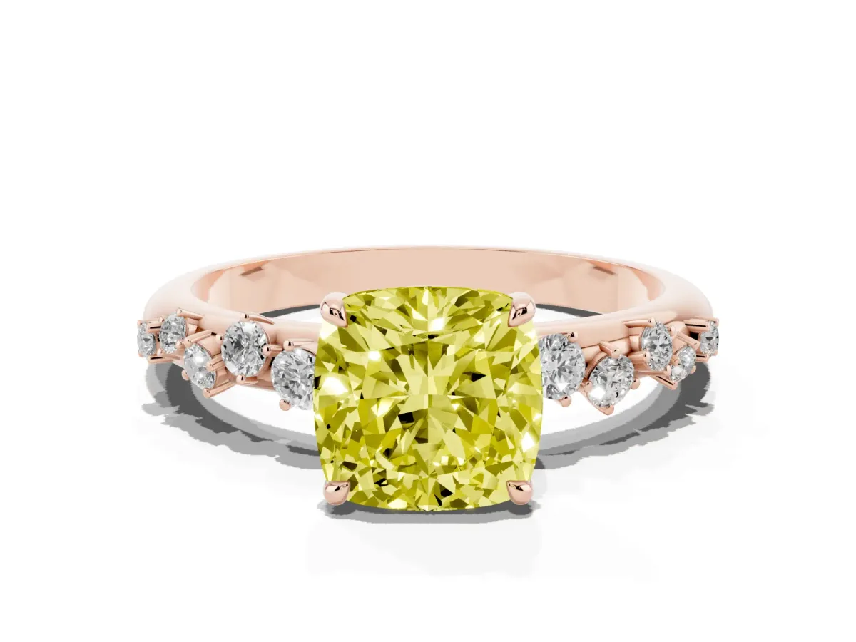 Fancy Yellow Cushion Cut Diamond Cluster Prong-Set Solitaire Ring Rose gold