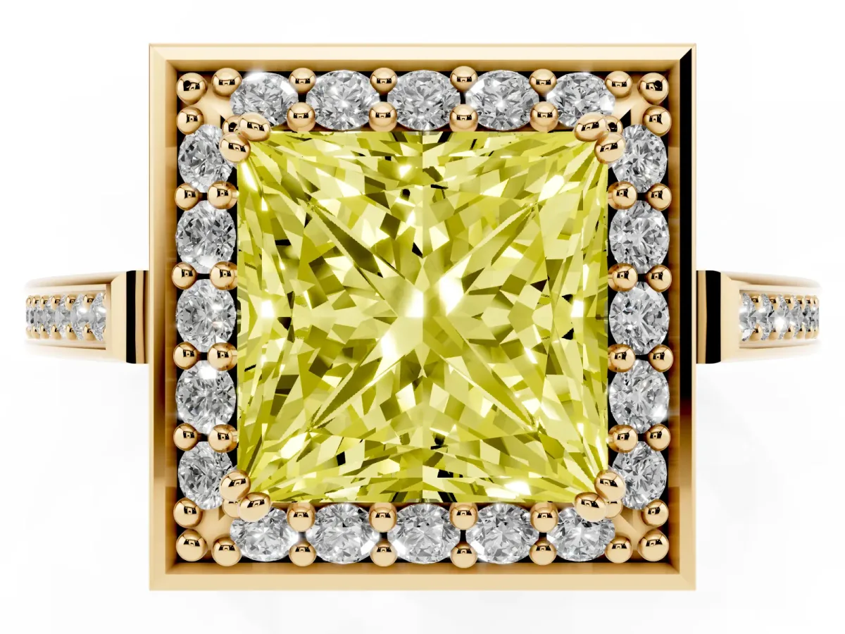 Fancy Yellow Princess Cut Diamond Halo Ring with Split Shank and Four-Prong Setting Yellow gold