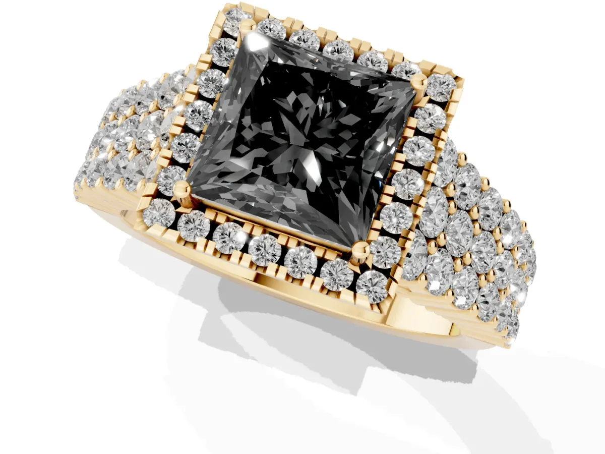Fancy Black Princess Cut Diamond Halo Engagement Ring with Triple Row Round Pavé Band and Prong Setting Yellow gold