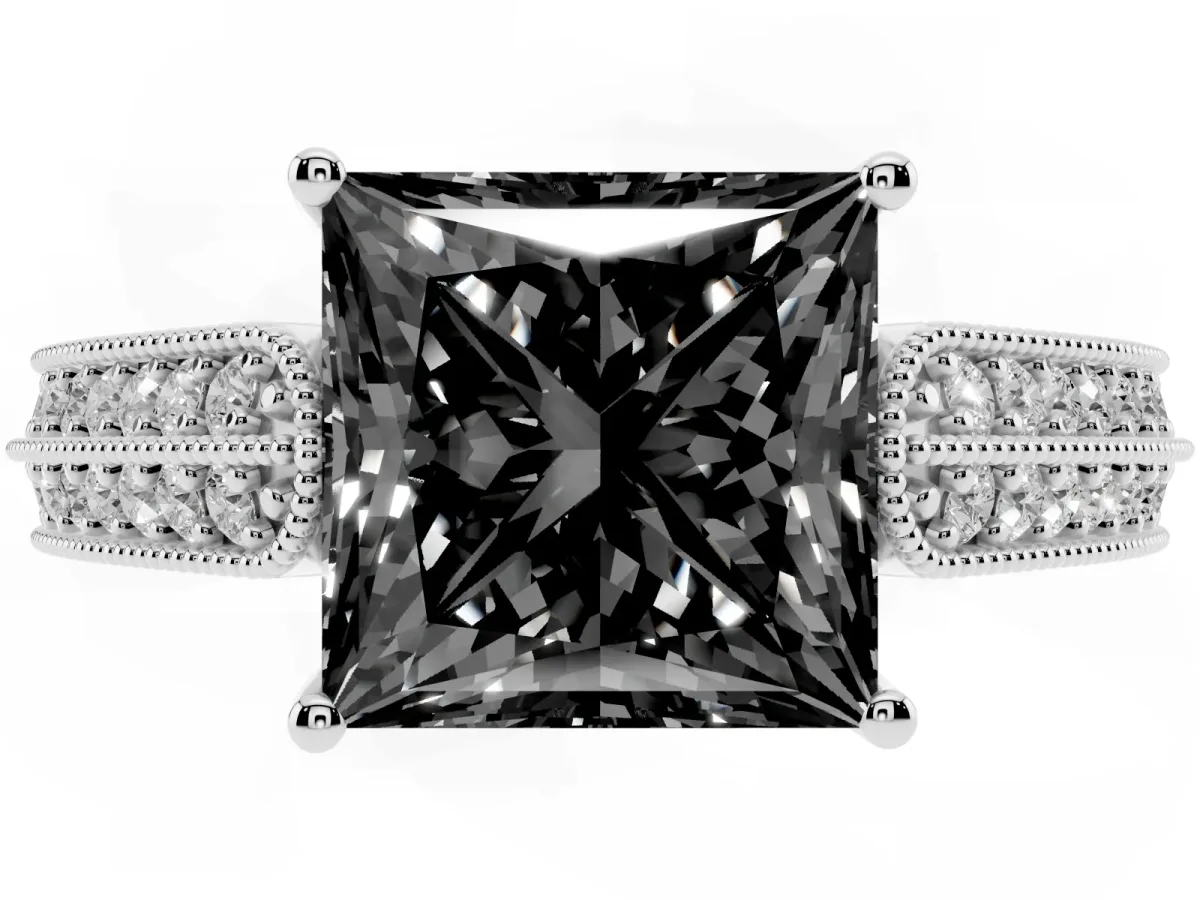 Fancy Black Princess Cut Cut Pave Split Shank Engagement Ring with Four-Prong Setting White gold