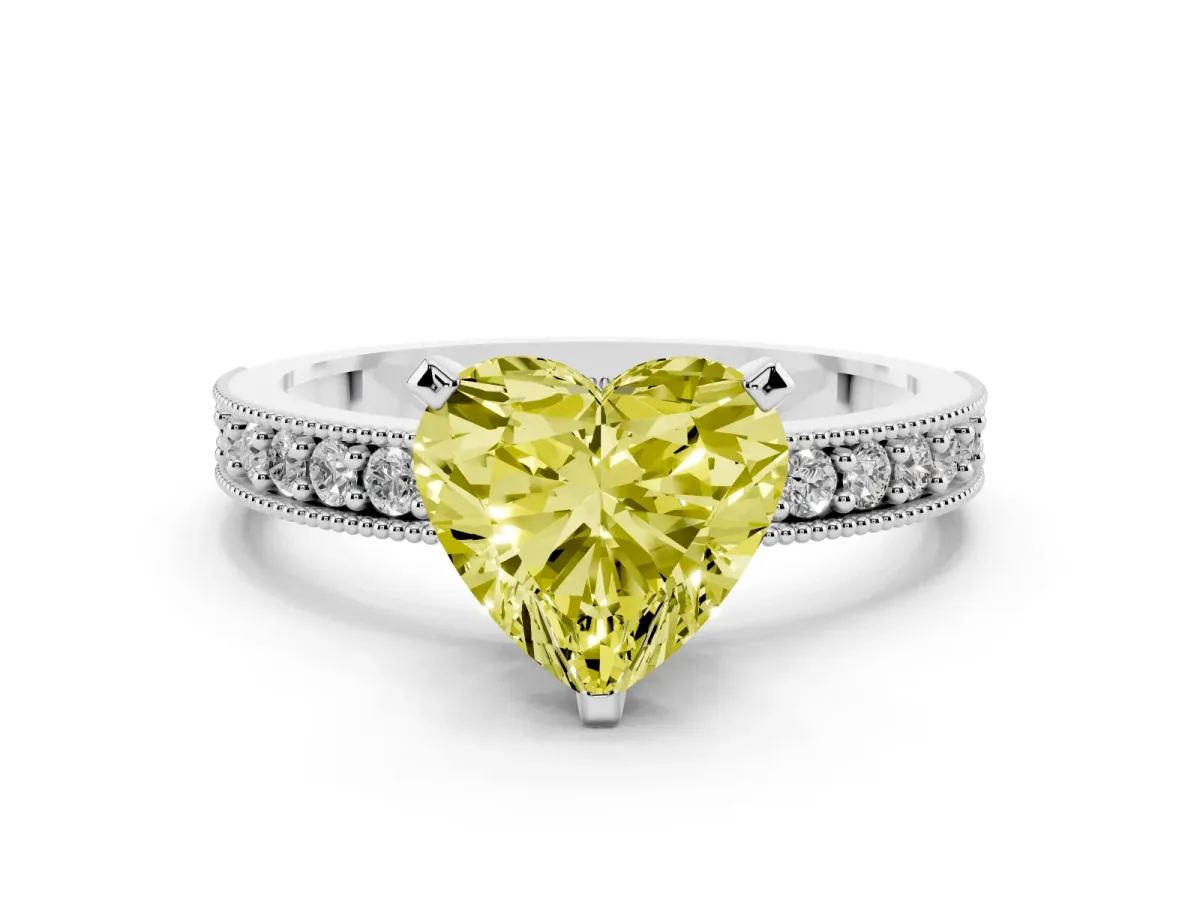 Fancy Yellow Heart Cut Diamond Milgrain Pavé Engagement Ring with Four-Prong Setting Silver