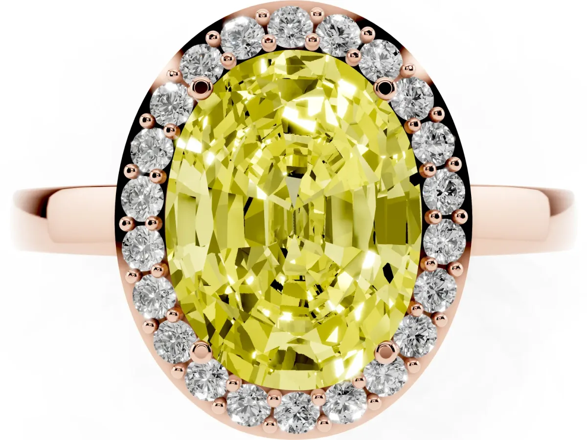 Fancy Yellow Oval Cut Halo Diamond Ring with Solitaire Band and Prong Setting Rose gold